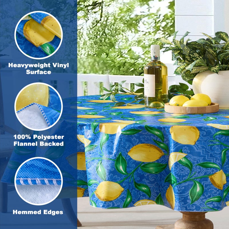 Newbridge Oval Vinyl Tablecloth, 60 x 84 Inch, Mediterranean Zest Vinyl Flannel Backed Table Cloth, Lemon Print - Image 4